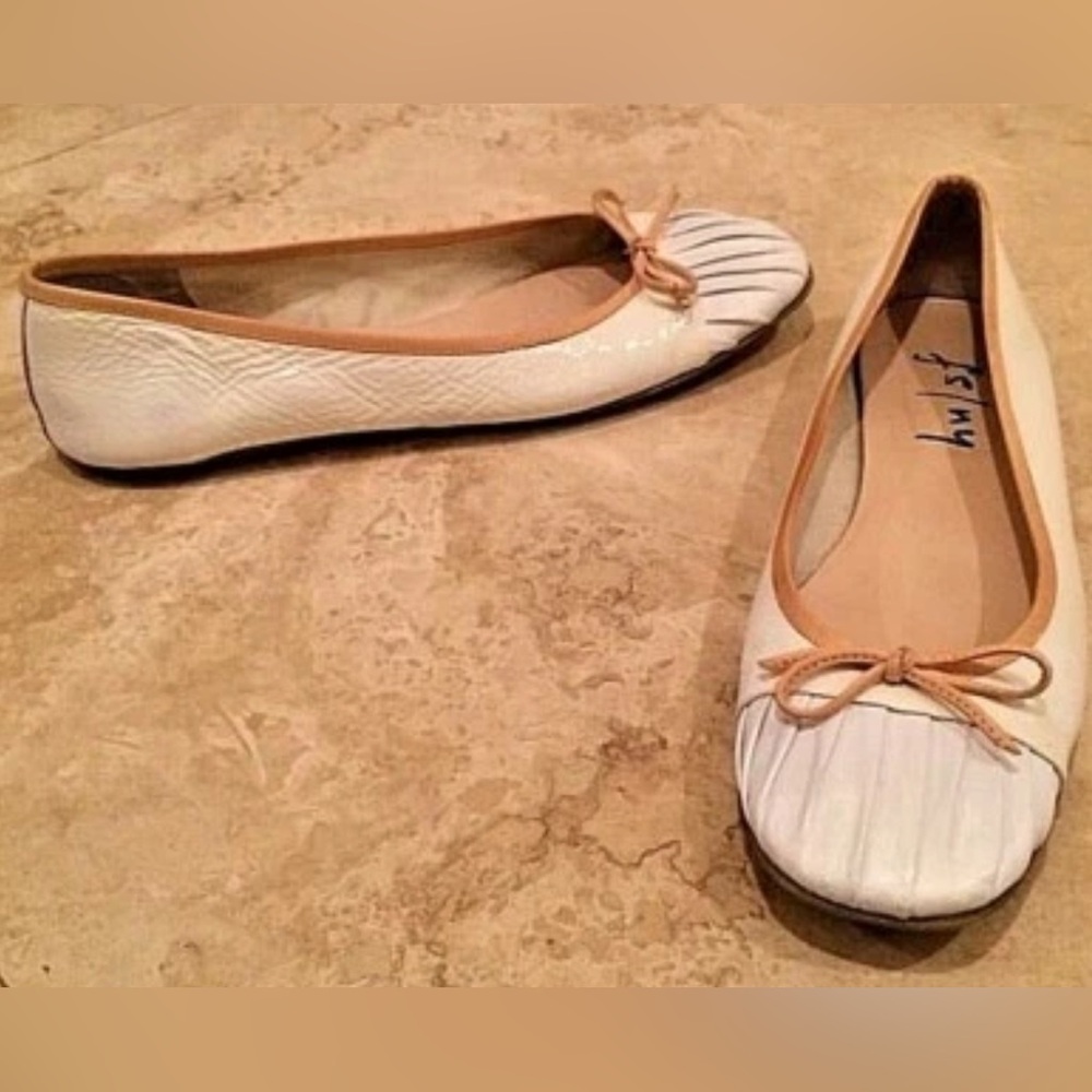 FS/NY Patent Leather Flats Ivory White Tan Capped Toe Bow Ballet Flats 9M Italy - Picture 5 of 11